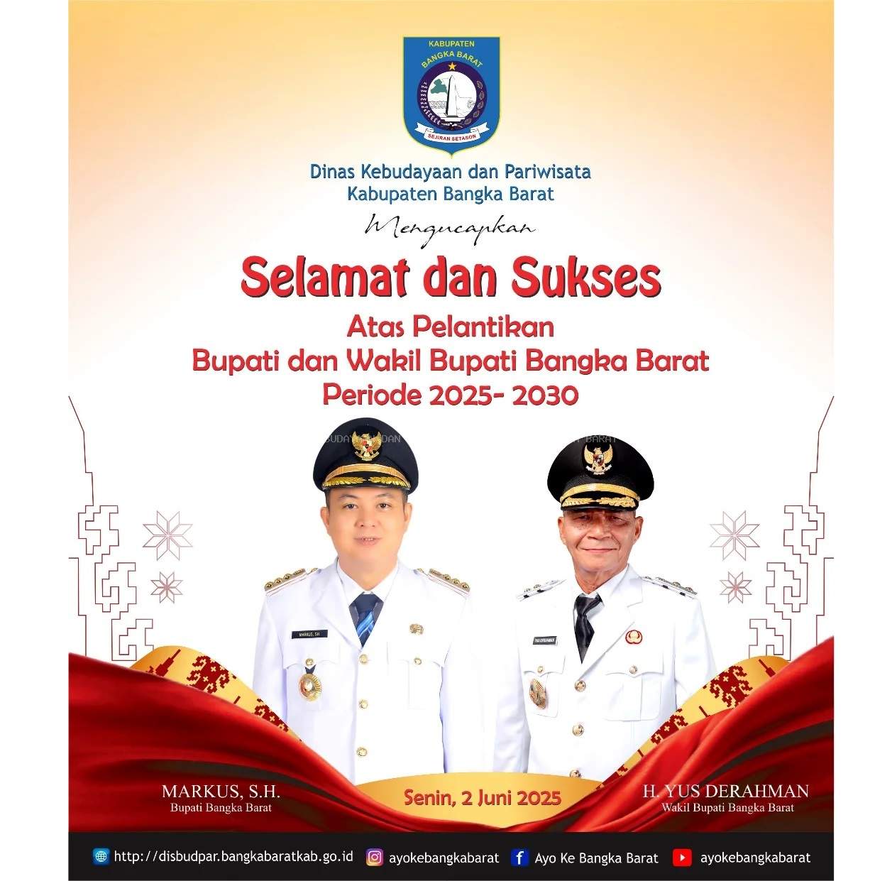 Pelantikan Bupati dan Wakil Bupati Bangka Barat, Markus, SH dan H. Yus Derahman